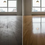 Före- och efterbild som visar förvandlingen från slitna golv till nyslipade ytor i en bostad.